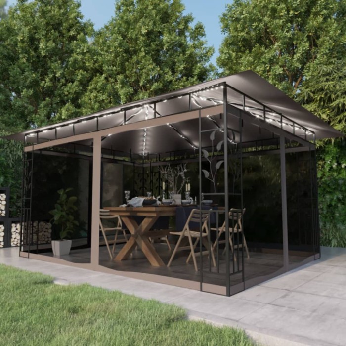 Pavilion cu plasă anti-ț&acirc;nțari&amp;lumini LED,gri taupe, 4x3x2,73 m