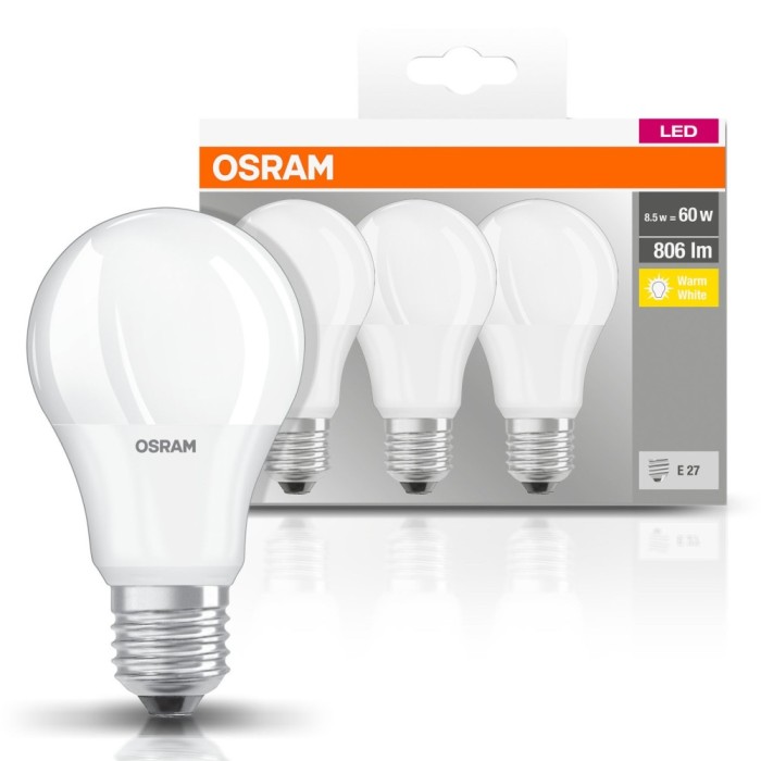 Bec LED Osram clasic A60 E27 8.5W 806lm lumina calda 2700 K - 3 buc