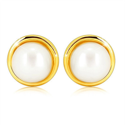 Cercei din aur galben 9K - perlă albă, de apă dulce, rotundă, inel subţire foto