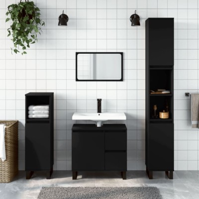 Set mobilier de baie, 3 piese, negru, lemn compozit foto