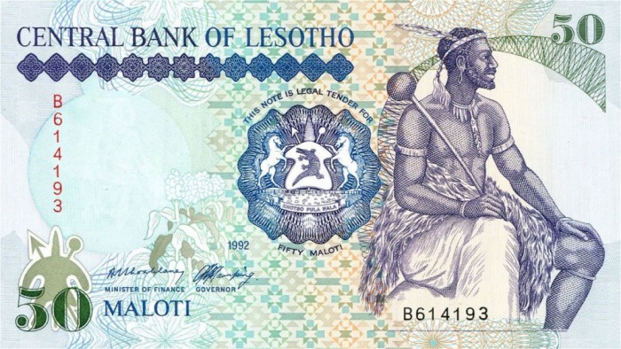 LESOTHO █ bancnota █ 50 Maloti █ 1992 █ P-14a █ UNC █ necirculata
