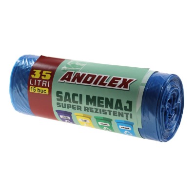 Saci menajeri / gunoi Andilex, super rezistenti, albastru, 35 L, 15 buc foto