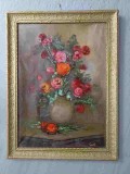 TABLOU VECHI ULEI PE PANZA. VAZA CU FLORI. SEMNAT GIROTTI. 60X80 CM-238181
