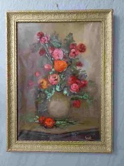 TABLOU VECHI ULEI PE PANZA. VAZA CU FLORI. SEMNAT GIROTTI. 60X80 CM-238181
