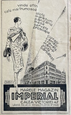1931 Reclamă rom&amp;acirc;nească Marele Magazin IMPERIAL (langă Palatul Regal) Calea VICTORIEI 47 cravate, mănuși, stofe camasi ciorapi Romania capitalista foto