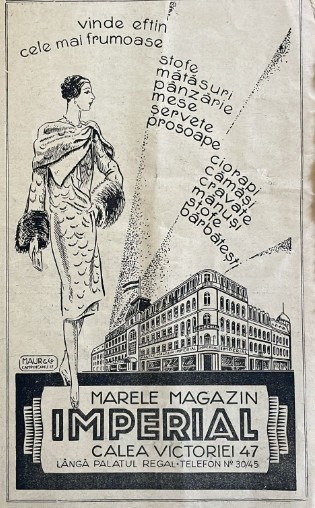 1931 Reclamă rom&acirc;nească Marele Magazin IMPERIAL (langă Palatul Regal) Calea VICTORIEI 47 cravate, mănuși, stofe camasi ciorapi Romania capitalista