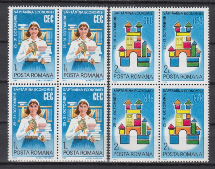 ROMANIA 1982 LP 1064 SAPTAMANA ECONOMIEI CEC BLOCURI DE 4 TIMBRE MNH