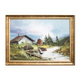 Tablou peisaj cu rau si casa pictat manual inramat, La spalat, 80x60cm ulei pe panza rama din lemn, Geo Ungureanu
