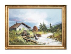 Tablou peisaj cu rau si casa pictat manual inramat, La spalat, 80x60cm ulei pe panza rama din lemn, Geo Ungureanu