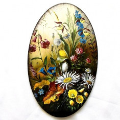 Tablou oval lemn, tablou lucrat manual cu model floral 40395
