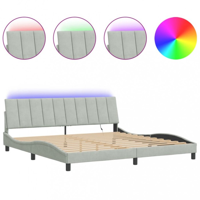Cadru de pat cu LED fara saltea, Hanko, gri deschis, 200x200 cm, catifea