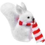 Ornament Brad Crăciun, Model Veveriță cu Fular Dungi Roșu Alb, 12 cm, Material Spumă, Culoare Alb, Oem