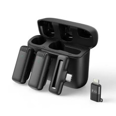 Set 2 microfoane lavaliera, Apexel MIC-08, omnidirectional, wireless, carcasa incarcare, interfata USB-C si lightning