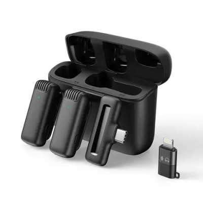 Set 2 microfoane lavaliera, Apexel MIC-08, omnidirectional, wireless, carcasa incarcare, interfata USB-C si lightning foto