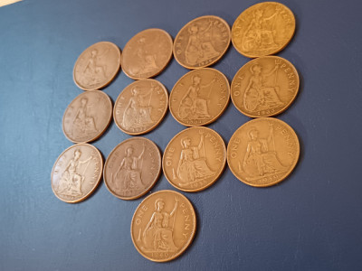 Lot 13 monede UK, One 1 penny 1927 1928 1929 1930 1931 1932 34 35 36 37 38 39 40 foto