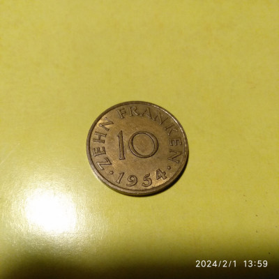 -Y- MONEDA SAARLAND 10 FRANKEN 1954 VG+ foto