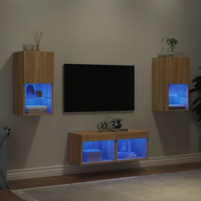vidaXL Comode TV de perete cu lumini LED, 4 piese, stejar sonoma foto