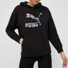 Puma bluza femei, culoarea negru, cu glugă, cu imprimeu