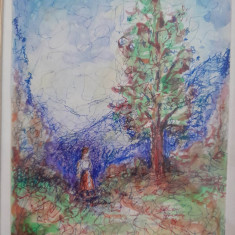 tablou Peisaj cu fata, tehnica mixta, Adrian Hurmuz 1974 28x20 cm arta informala