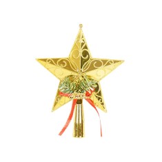 Varf decorativ de brad, auriu, in forma de stea, cu decoratiune merry christmas, din plastic, 18.5 x 15 cm, interior,exterior, flippy