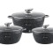 Set 3 cratite cu capace sticla, 20 24 28 cm, 2.3l 4.5l 6.5l, aluminiu turnat si invelis marmorat interior exterior, Goldmann