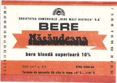 NI441 Etichetă bere blondă superioară Năsăudeana, Societatea comercială Bere Malț Bistrița SA, &amp;icirc;nceputul anilor 1990 foto