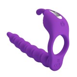 Inel vibrator pentru penis cu dildo PRETTY LOVE Blackney, pentru dublă penetrare, 7 funcții de vibrație, din silicon, mov