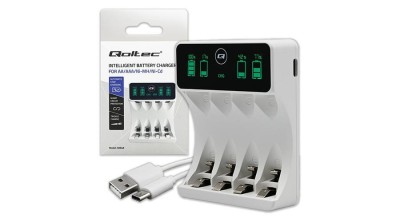 &amp;Icirc;ncărcător de baterii Qoltec pentru tipul Ni-MH R03 AAA R6 AA | LCD | Cablu USB-C | Alb foto