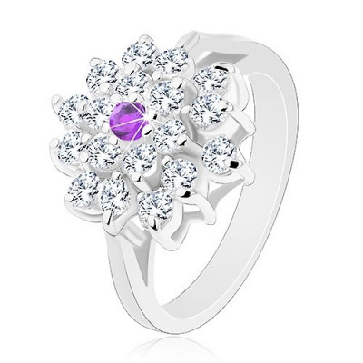Inel de culoare argintie, floare mare, transparentă cu zirconiu violet &amp;icirc;n centru - Marime inel: 53 foto