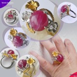 Inel Vintage floral de inspiratie Art Nouveau, decorat cu Rubin Corindon Natural din Myanmar si cu Cubic Zirconia Alba, Argint 925 cu Rhodiere