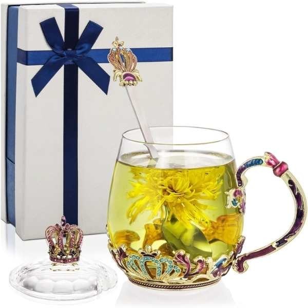 Cana Handmade Crown din Sticla Emailata, Transparenta, Termorezistenta, cu Capac si Lingurita, Design Coroana, 320 ml
