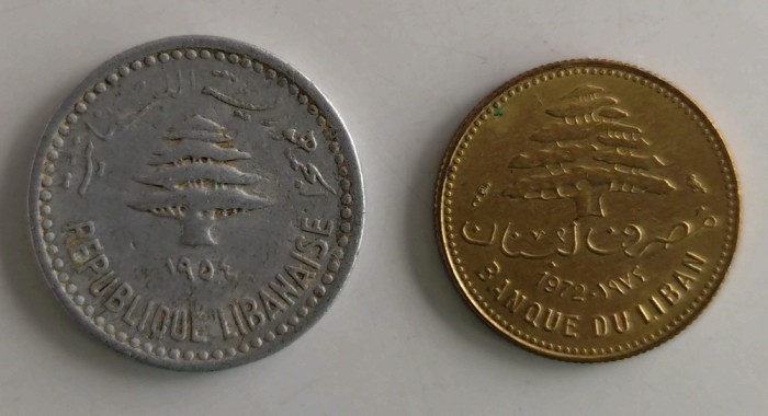 Lot 2 monede Liban - 5 Piastres 1954 si 1972