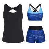 Bikini pentru femei, tankini din 3 piese cu controlul abdomenului, top de bikini cu push-up și pantaloni scurți de baie cu talie &icirc;naltă, costume de ba
