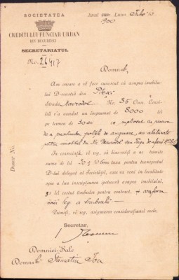 A2709N Societatea Creditului Funciar Urban din Bucuresci, 1900, aprobare &amp;icirc;mprumut pentru cumpărare imobil &amp;icirc;n Pitești foto