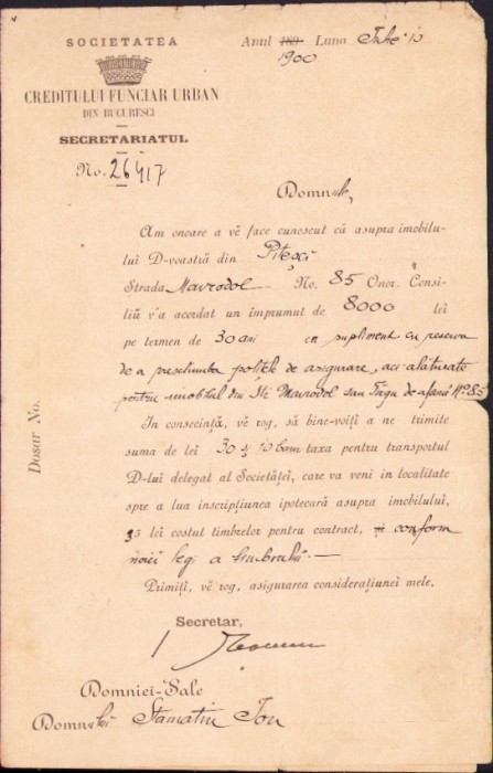 A2709N Societatea Creditului Funciar Urban din Bucuresci, 1900, aprobare &icirc;mprumut pentru cumpărare imobil &icirc;n Pitești