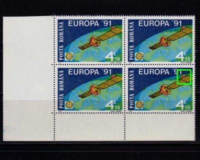 RO 1991 LP1252 &amp;quot;Europa CEPT Eutelsat I&amp;quot; ,bloc de 4 cu eroare catalogata , MNH foto