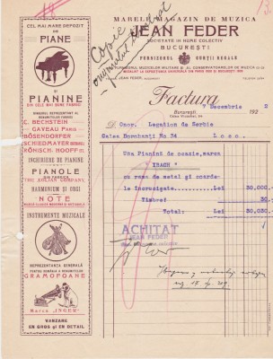 Factura Marele magazin muzica Jean Feder Bucuresti Furnizor Curtea Regala 1922 foto