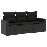 Set mobilier de gradina cu perne, 3 piese, negru, poliratan
