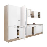 Mobilier de bucătărie Yorki 360 cu corp din stejar Sonoma, fațade albe cu finisaj satinat, cu dulap cu rafturi și frigider cu congelator &icirc;n partea de