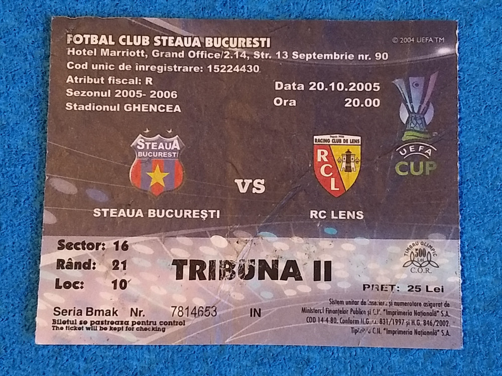 Bilet meci fotbal STEAUA Bucuresti - RC LENS (Europa League 20.10.2005) |  arhiva Okazii.ro