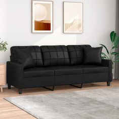 Canapea cu 3 locuri cu pernute, negru, 180 cm, piele ecologica GartenMobel Dekor