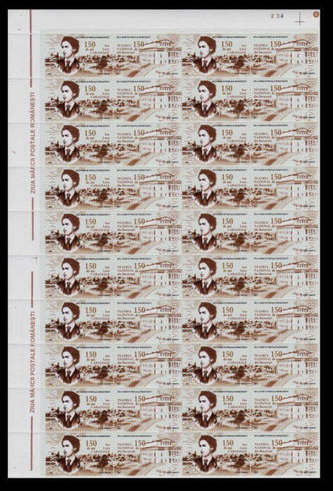 ✅RO 2002 , LP 1589 ,&quot; Ziua marcii rom./diptic- Caragiale &quot; ,serie bloc de 20 ,MNH