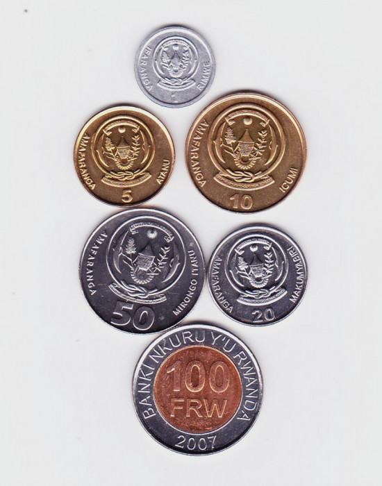 Moneda Rwanda 1 - 100 Franci 2003-11 - KM#22-32 UNC ( set x6, 1 bimetalica )