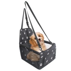 Suport pentru animalele de companie, flippy, pentru masina, cu prindere de scaun si centura de siguranta, negru cu imprimeu, 40x32x42cm