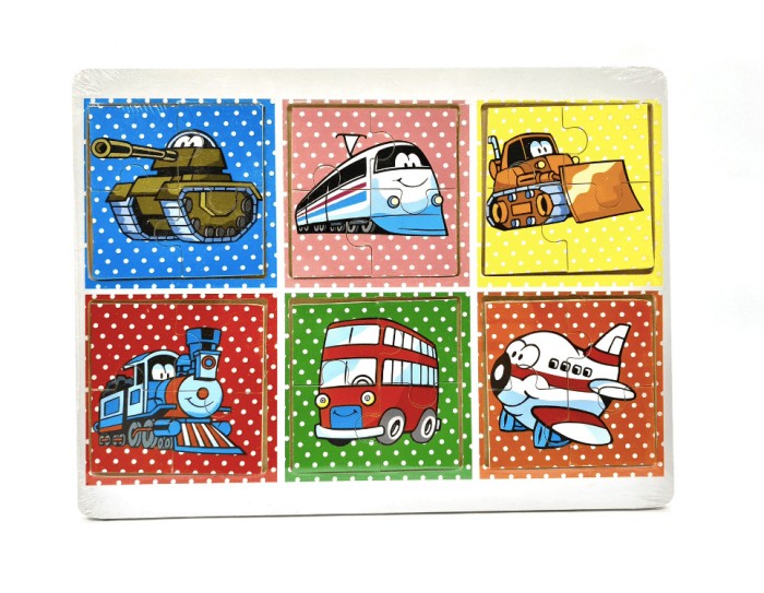 Set din lemn cu 6 puzzle incorporate - Mijloace de transport - buline, 7Toys