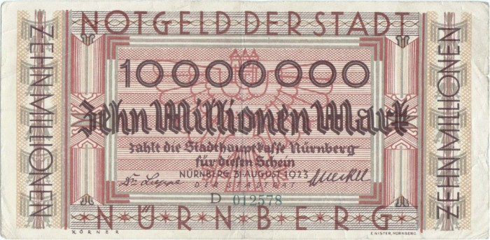 1923 ( 31 VIII ) , 10,000,000 mark - N&uuml;rnberg ( Germania )