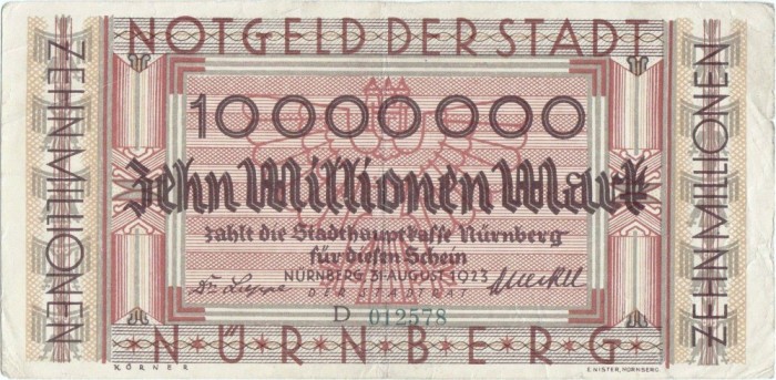 1923 ( 31 VIII ) , 10,000,000 mark - N&uuml;rnberg ( Germania )