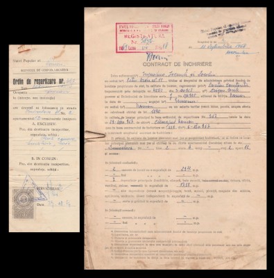 1967 Ordin de repartizare locativa cu timbru fiscal + Contract de inchiriere a locuintei + alte 3 documente comuniste anexe foto