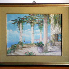 Vila mediteraneana - tablou semnat 1948 pictura originala ulei pe placaj 57x47cm