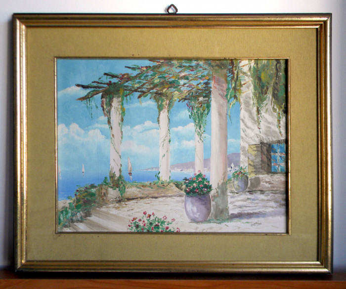 Vila mediteraneana - tablou semnat 1948 pictura originala ulei pe placaj 57x47cm